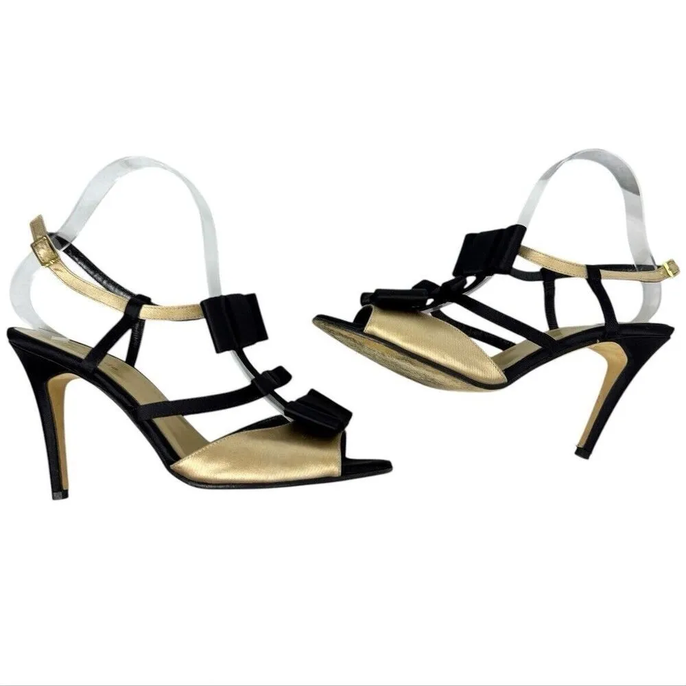 Kate Spade Strappy Heels Sandals 8 B Satin Gold Black Bows Glam Feminine Formal - Image 3