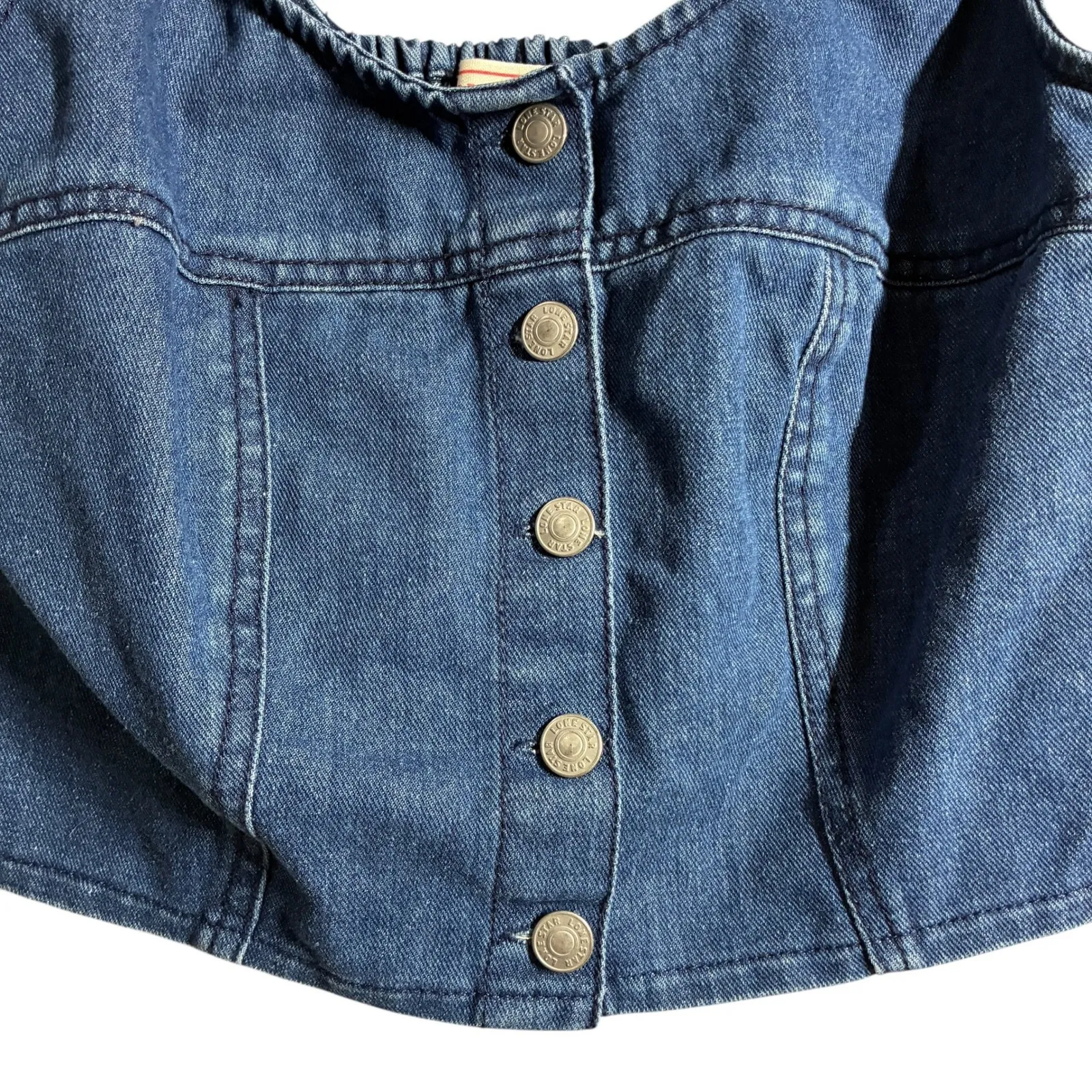 ONE STAR Denim Smocked Bustier Crop Top Blue Size Medium - Image 4