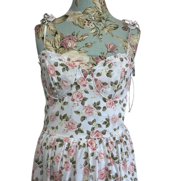 West of Melrose Floral‎ Print Maxi Dress Tiered Ruffle Milkmaid Cottage Sz M White Size M - Image 14