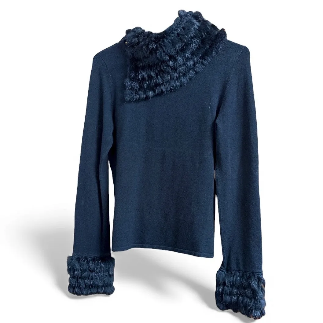 Yuka Vintage Faux Fur Trim Funnel Neck Knit Top Small Black - Image 4