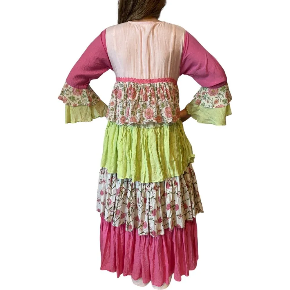 Pink Lemon tiered, layered bohemian style bell sleeves maxi dress pink yellow XS - Image 3
