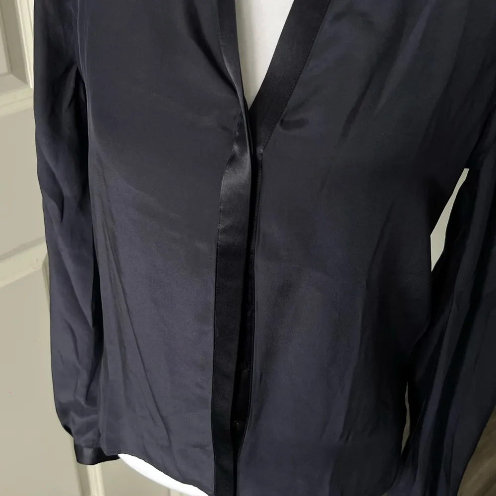 Maje  Navy Blue Buttoned SILK  Blouse with Mandarin Collar - Image 5