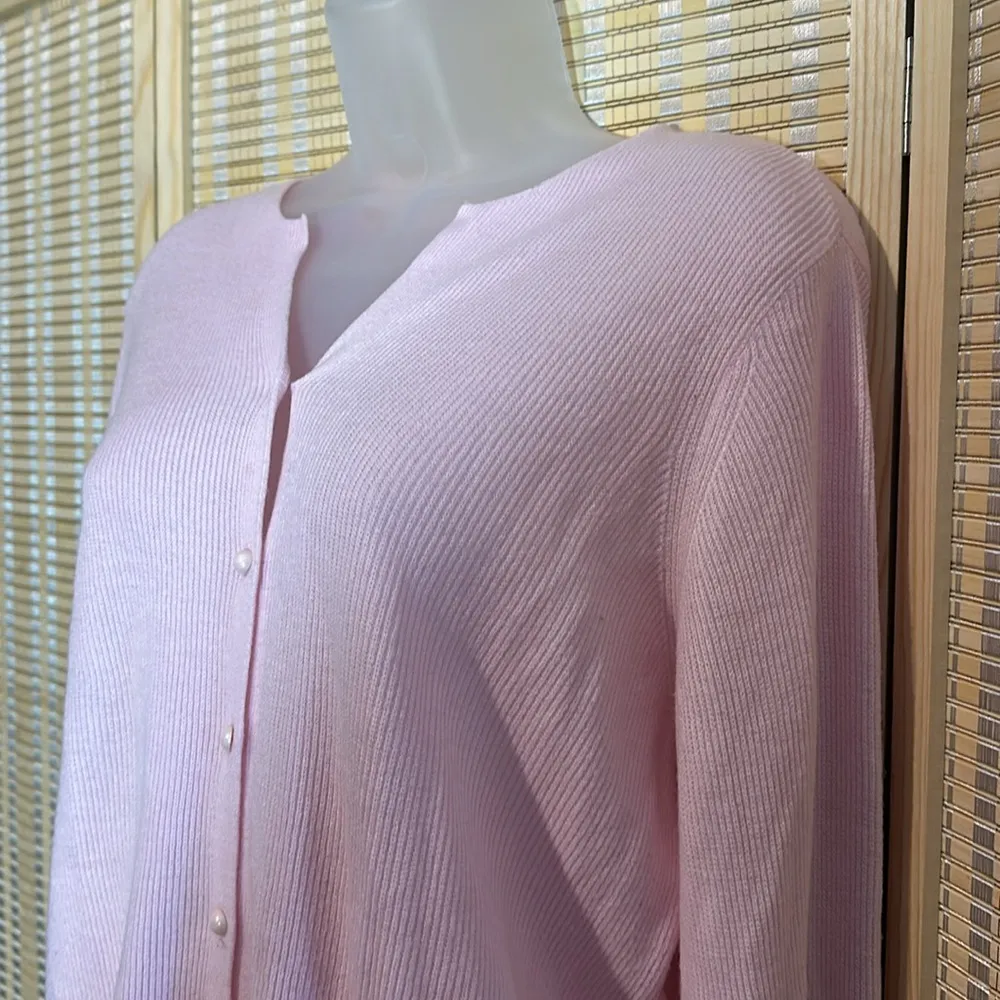 Elizabeth Williams Y2K Pale Pink Twinset Cardigan Thin Ribbed Sweater Medium - Image 7