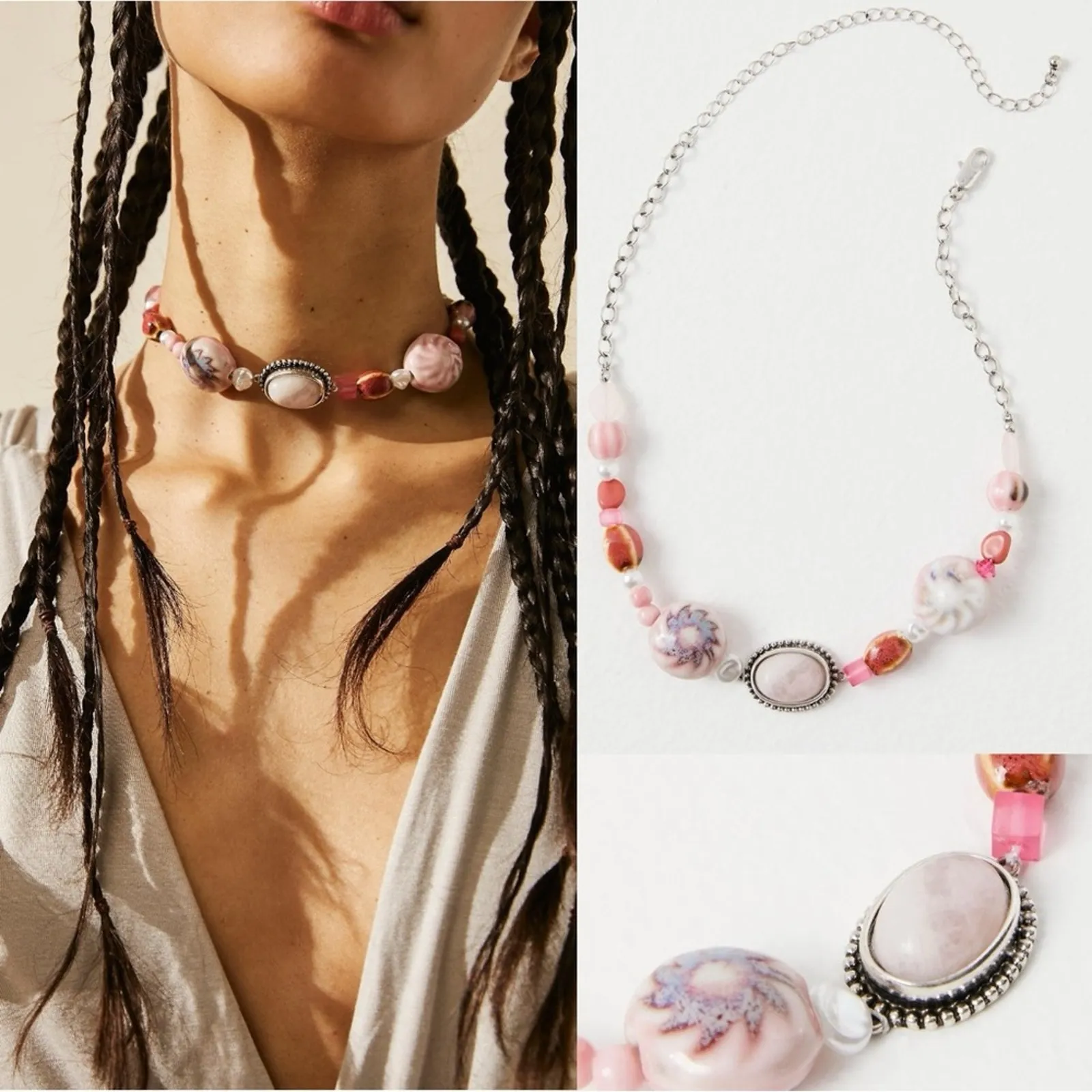 Free People Bohemian Chunky Agnes Choker Silver Pink Beach Boho NWT HTF Layering - Image 2