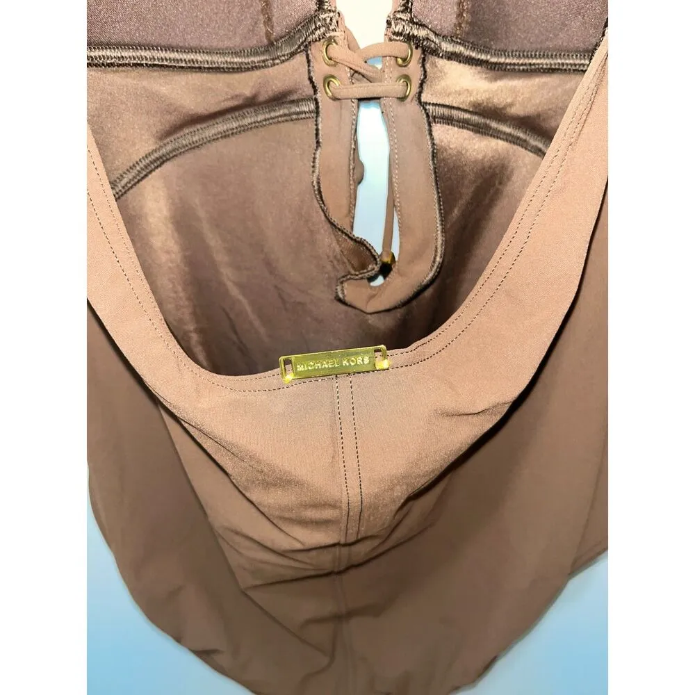 Michael Kors Women's Halterneck One Piece Swimsuit Brown Size 10 Gold Accents - Image 6