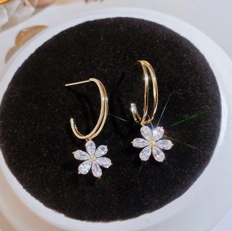 Women's Zircon Flower Dangle Earrings Gold - Image 3