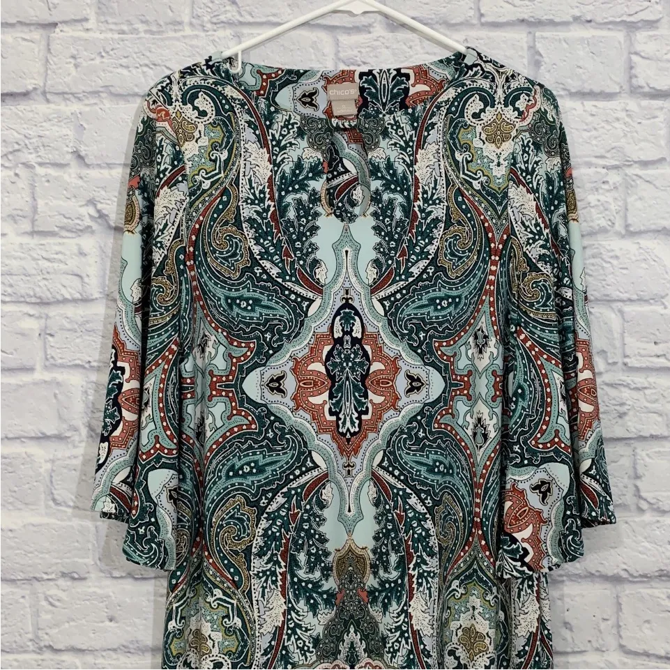 Chico's Green Paisley Shift Pullover Dress Chico's Size 0 Small - Image 2