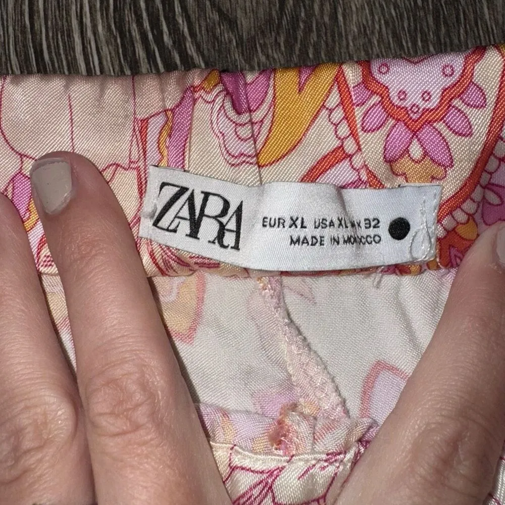 Zara The Sasha Pink Orange Satin Printed Tapered Tie Hem Pants - Image 4