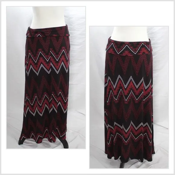 Burgundy White Black Zig Zag Patterned Summer Maxi Skirt - Image 2