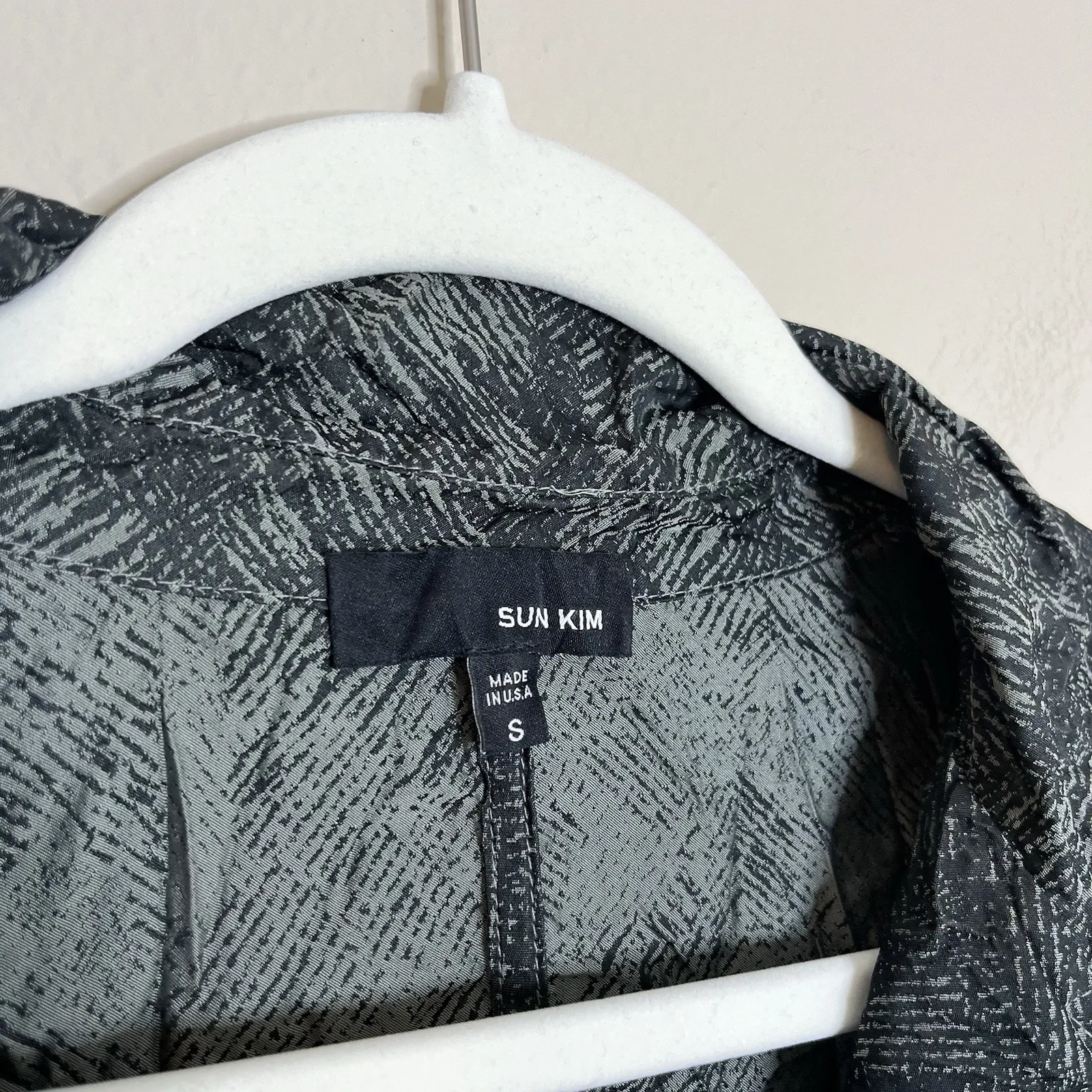 Sun Kim Jacket Boyfriend Crinkle Textured Grey Black S Lagenlook Artsy Art Teach Gray - Image 4