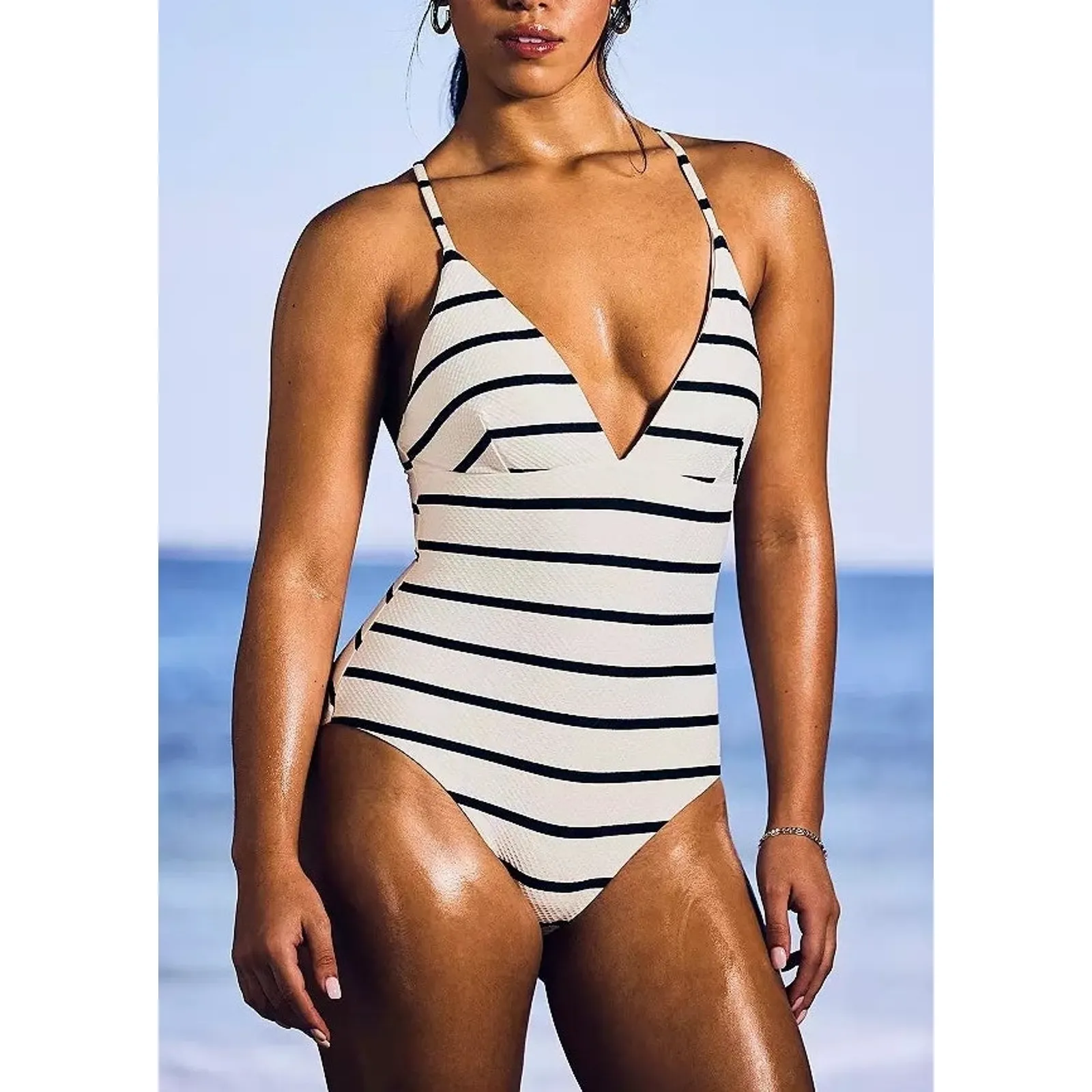 CALIA Swim Triangle Strappy Back One Piece White/Blue Stripe Mesh 12 NWT Black - Image 3