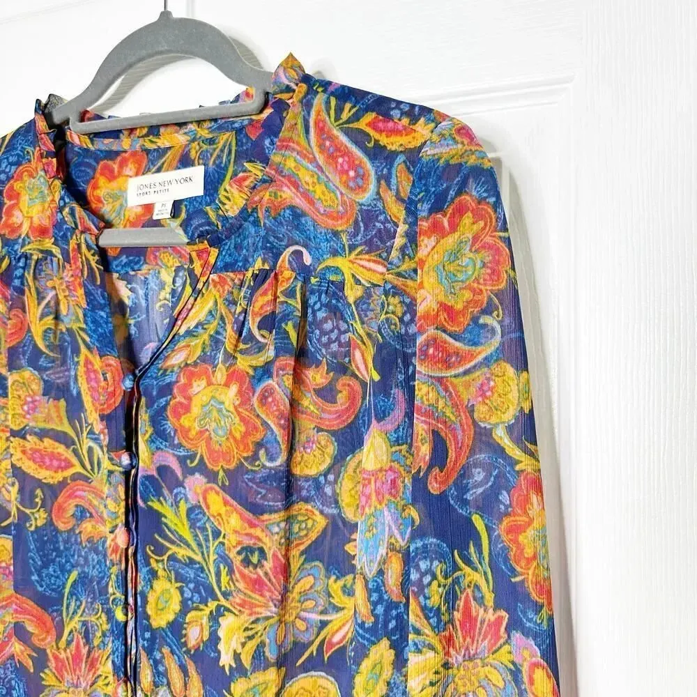 JONES NEW YORK Size Small‎ Petite Blouse Blue Orange Paisley Print - Image 2