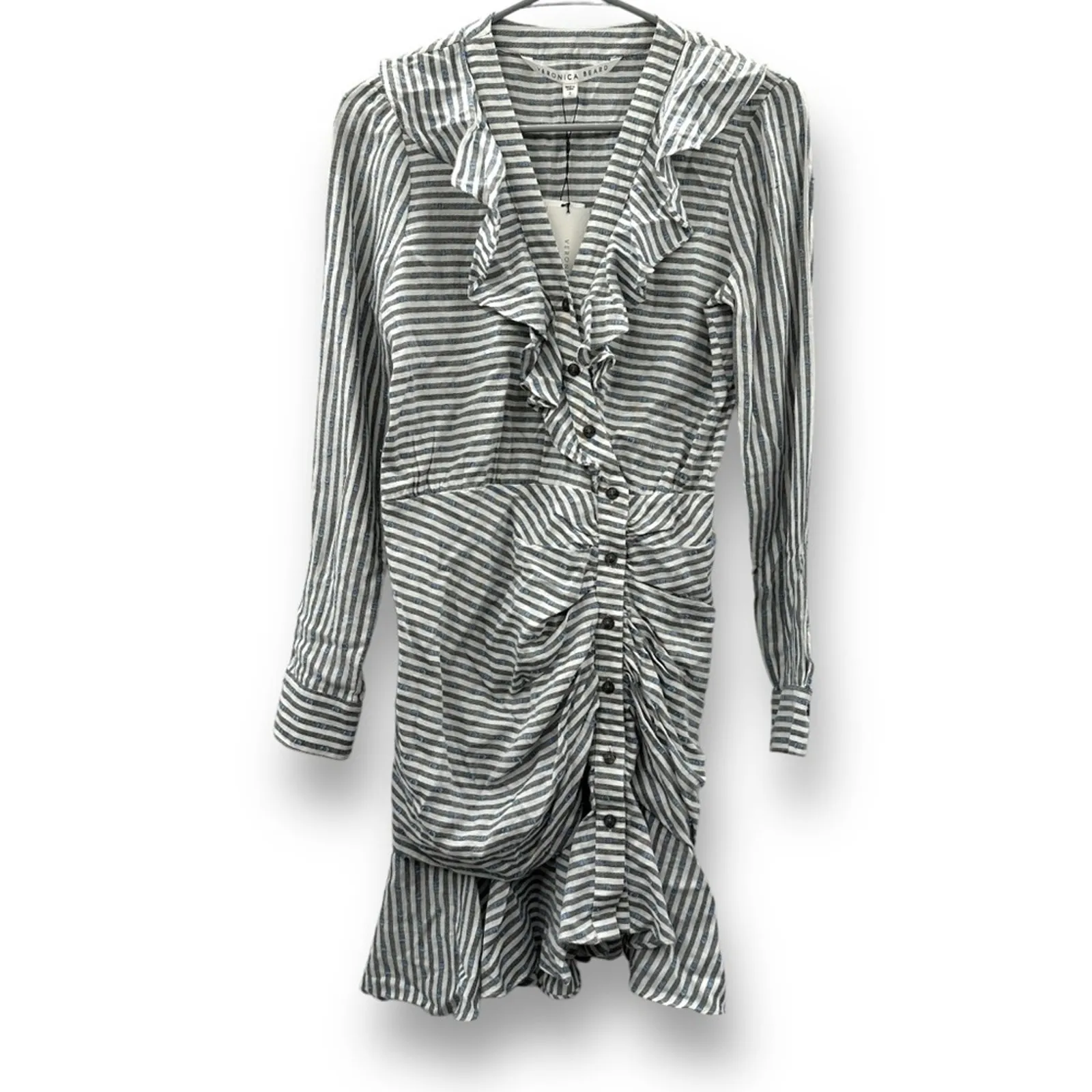 Veronica Beard Kai Blue & White Striped Ruffle Button Front Mini Dress Sz 2 NEW - Image 3