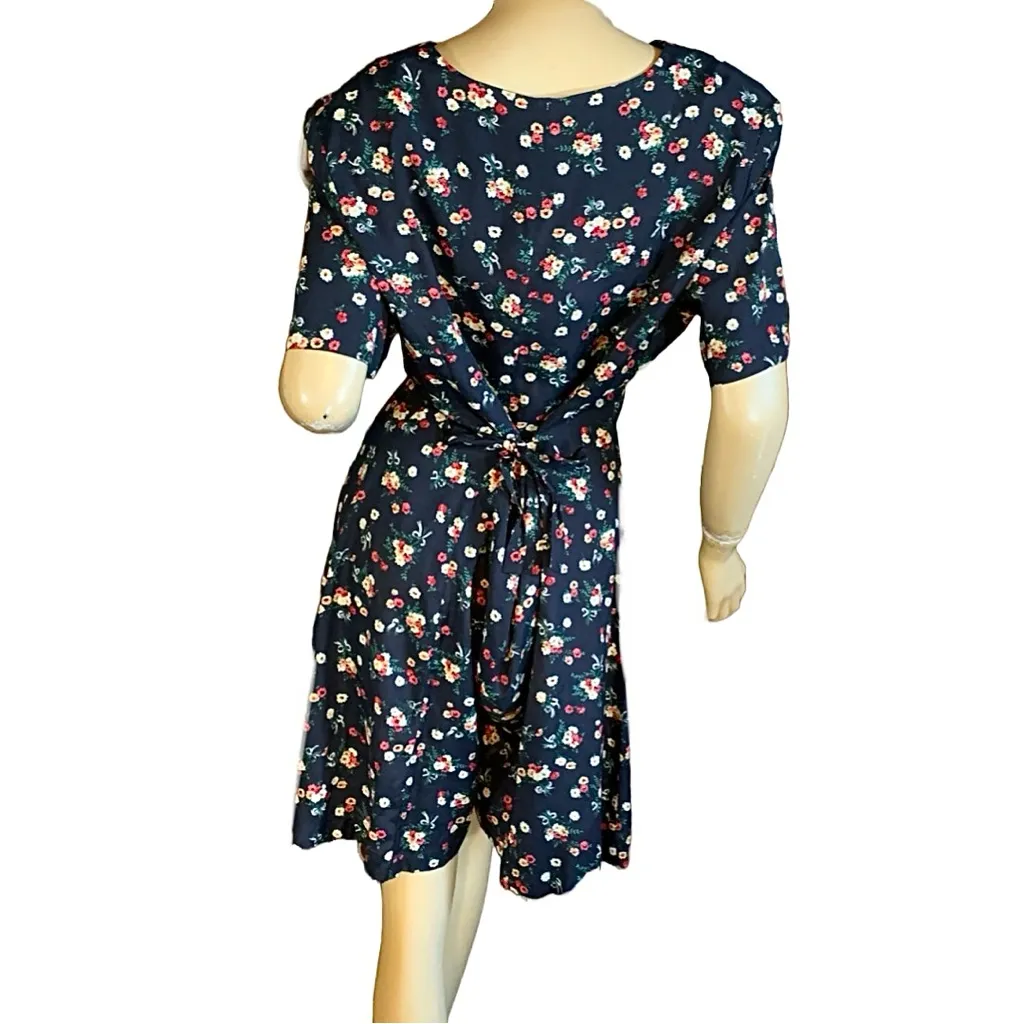 NEW YORK STYLE VINTAGE 1990'S FLORAL PRINT NAVY BLUE, RED & YELLOW ROMPER (L) Blue Size L - Image 4