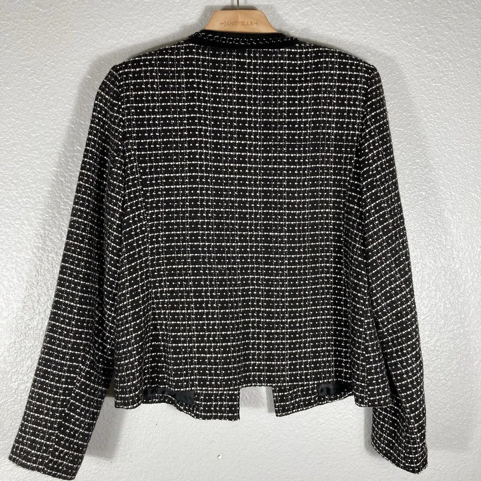Tweed Blazer Jacket Size 10 Womens Black Chain Trim Career Office Boardroom Boss - Image 7