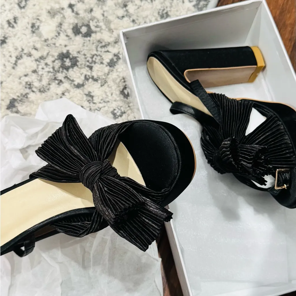 Black Pleated Bow Platform Open Toe Sandals Size 6 - Image 8
