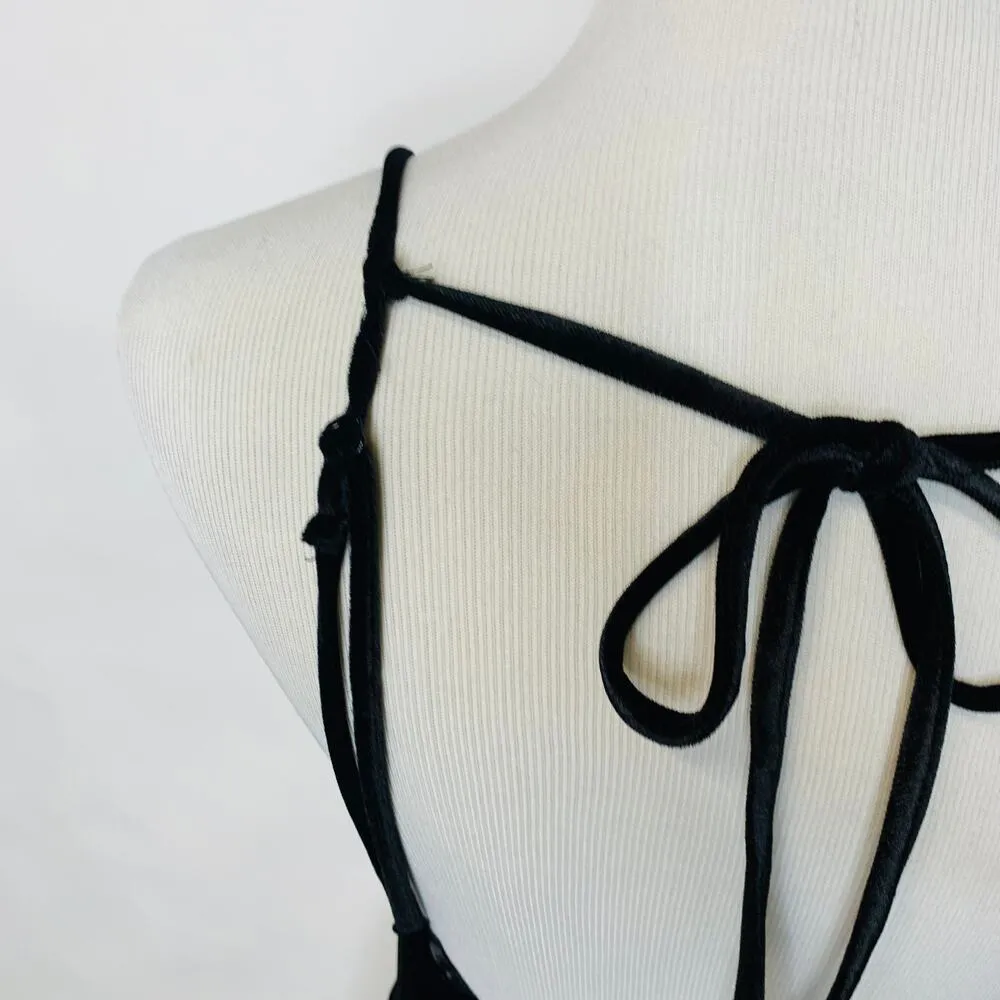 Vintage y2K Black Halter Dress Velvet Tafetta A Line Strappy Back Sz Medium - Image 5