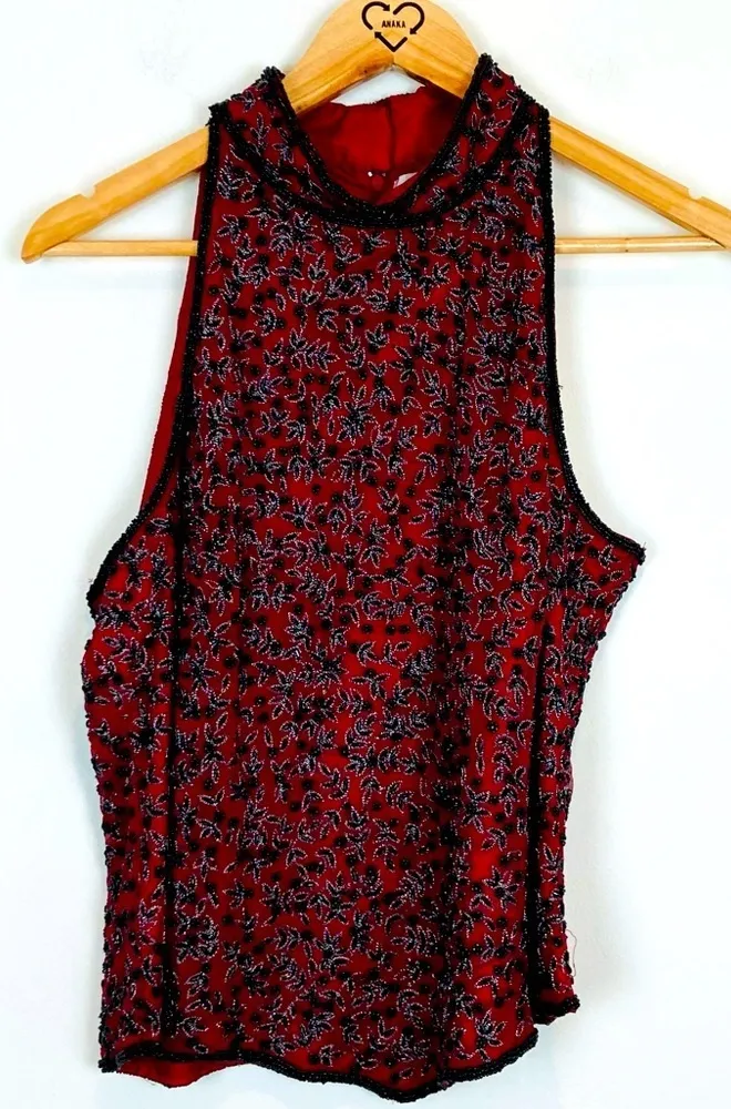 Papell Boutique vintage red silk sleeveless collared beaded evening shirt. XL - Image 1