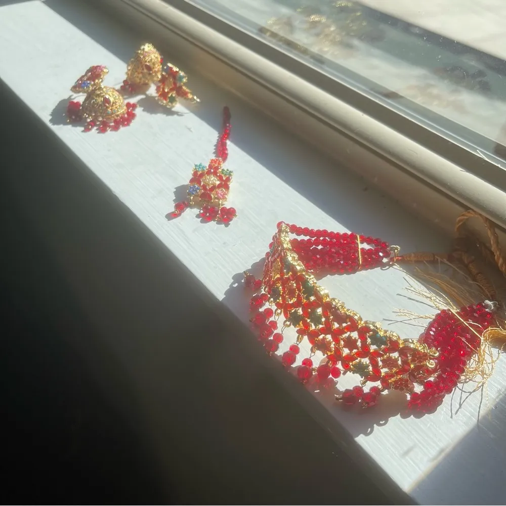 New! Pakistani Indian Bollywood beaded Necklace Choker Earrings Tikka Set Maroon Red - Image 7