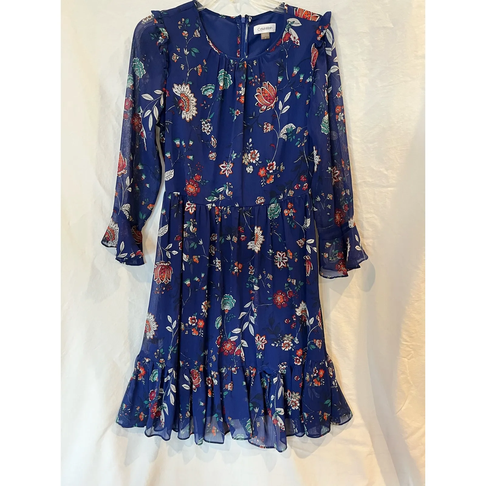 Calvin Klein Women's Floral A-Line Dress Bell Sleeves Size 8 Blue Fall Cocktail - Image 4
