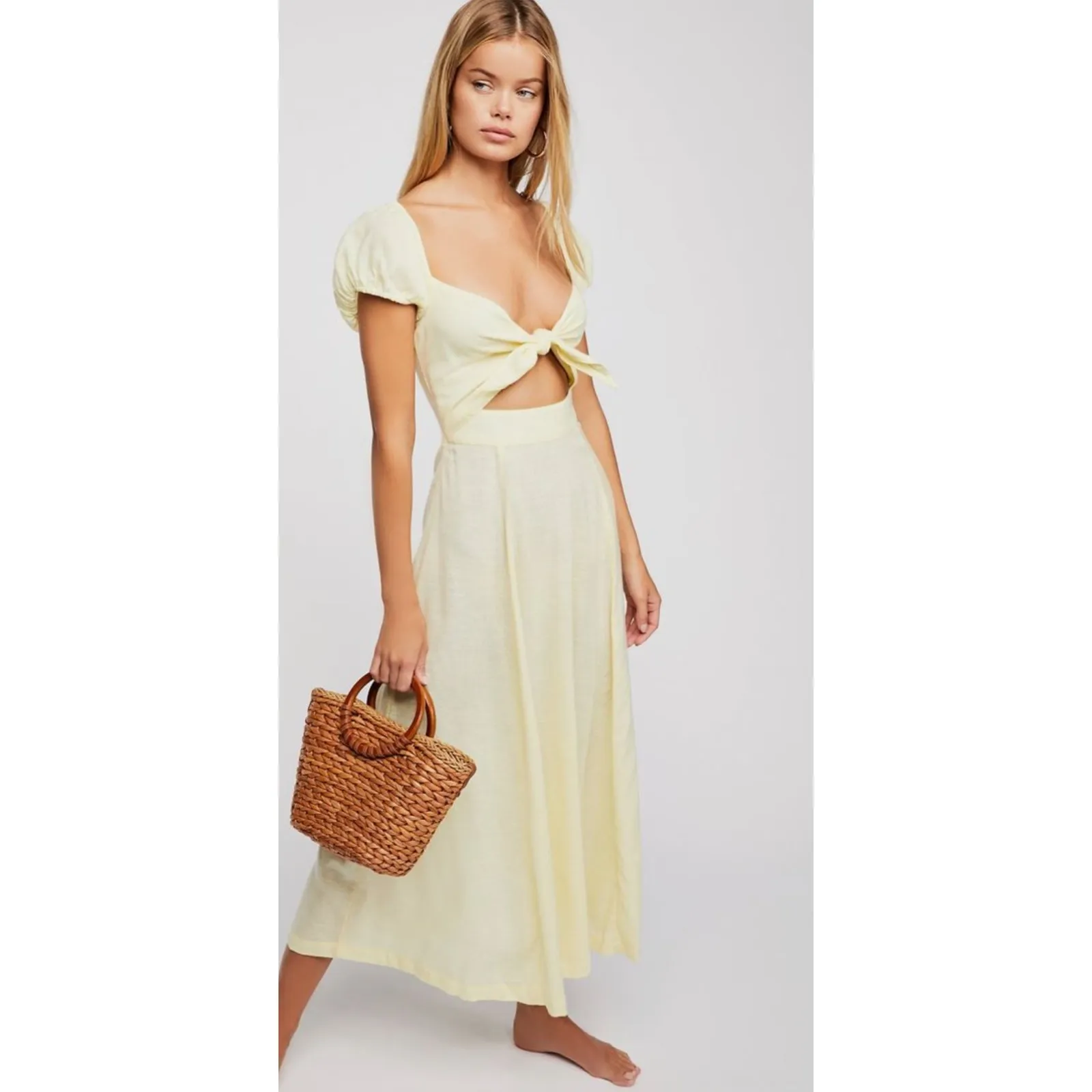 FREE PEOPLE The Getaway Midi Maxi Dress Smocked Cut Out Cotton Yellow Size XS - Image 2