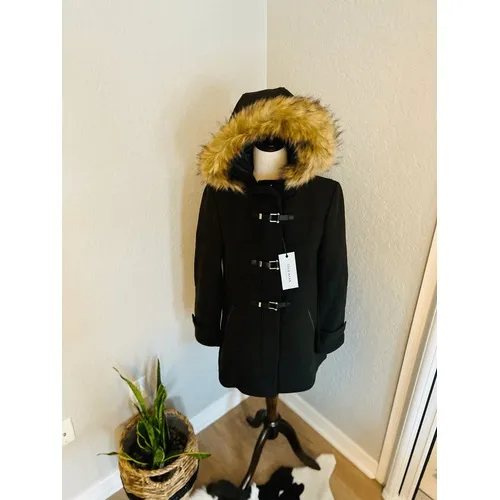 Cole Haan Wool Blend Faux Fur Trim Hooded Coat, Brown,‎ Size 4, NWT - Image 12