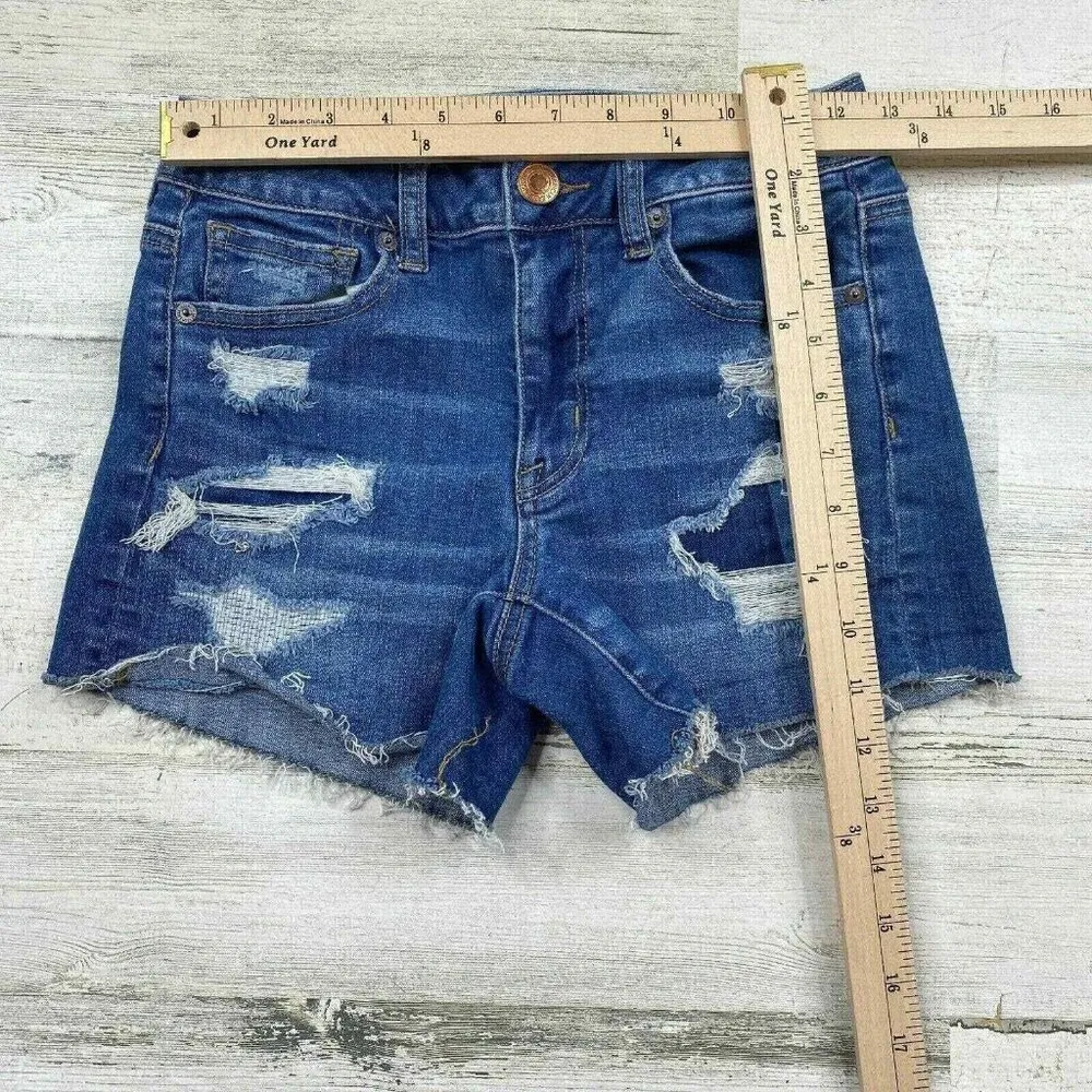 American Eagle Jean Shorts Womens 2 Super Stretch Distressed Blue Cutoff Patches - Image 8