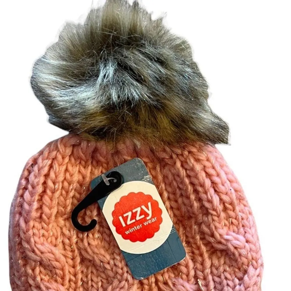 Chunky Knitted Beanie Hat Cap Pink Silver Metallic Thread Pomp Pom NWT - Image 3