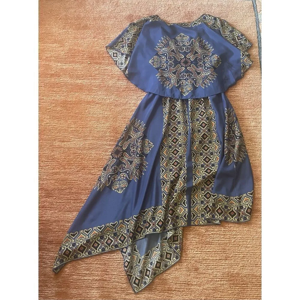 Live and Let Live Boho Asymmetric Blue Aztec Dress Cape Yoke Size S - Image 8