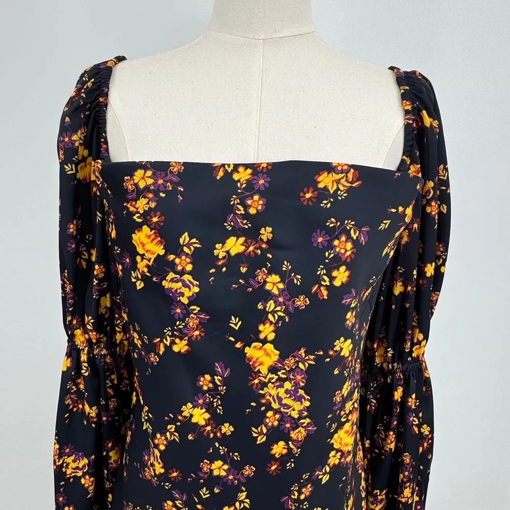 C/MEO Collective mini satin dress large bishop sleeves square neck blue floral - Image 2