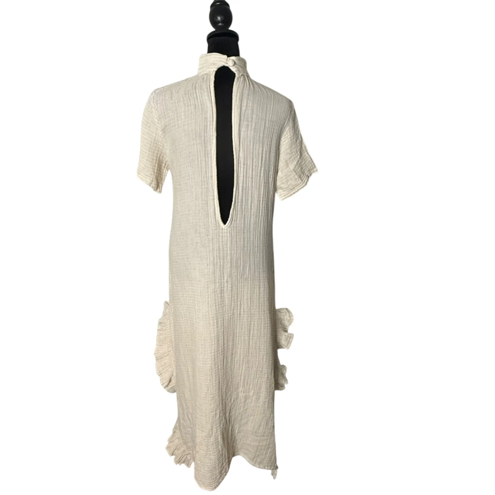ANZA Organic Gauze Cotton‎ Beach Dress Womens S Ruffles Open Back Cover Up BOHO Tan - Image 8