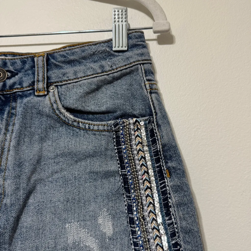 Free People Beaded Denim Skirt Size 4 Embellished Sequin Boho Festival Small - Image 5