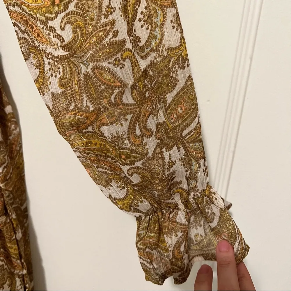 Moon River Golden Cream High neck Long Sleeve Paisley Floral Print MIDI Dress XS - Image 3