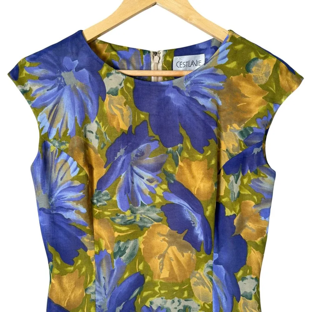 Vintage 80s Purple Orange Floral Cocktail Dress‎ Ruffle Hem Cap Sleeves, Small - Image 2