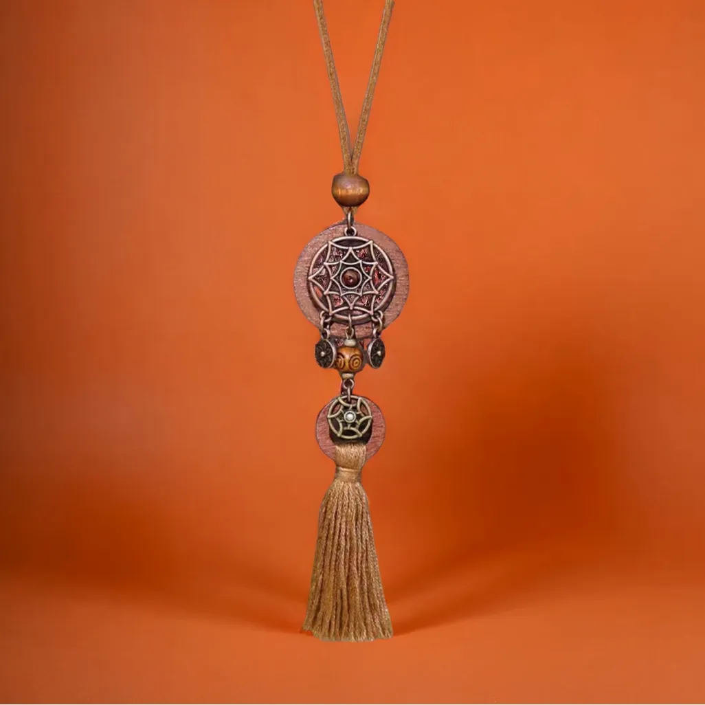 Boho Ladies 1 Pendant‎ Wooden Cut Out Necklace Round Hollow Set White Flower Tan - Image 7