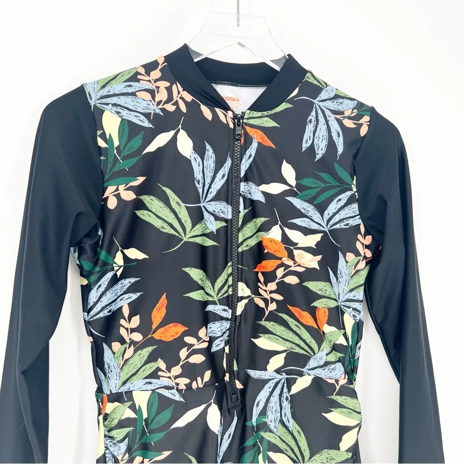 Axesea Floral Ruched One Piece‎ Long Sleeve Rash Guard 12 Black - Image 4