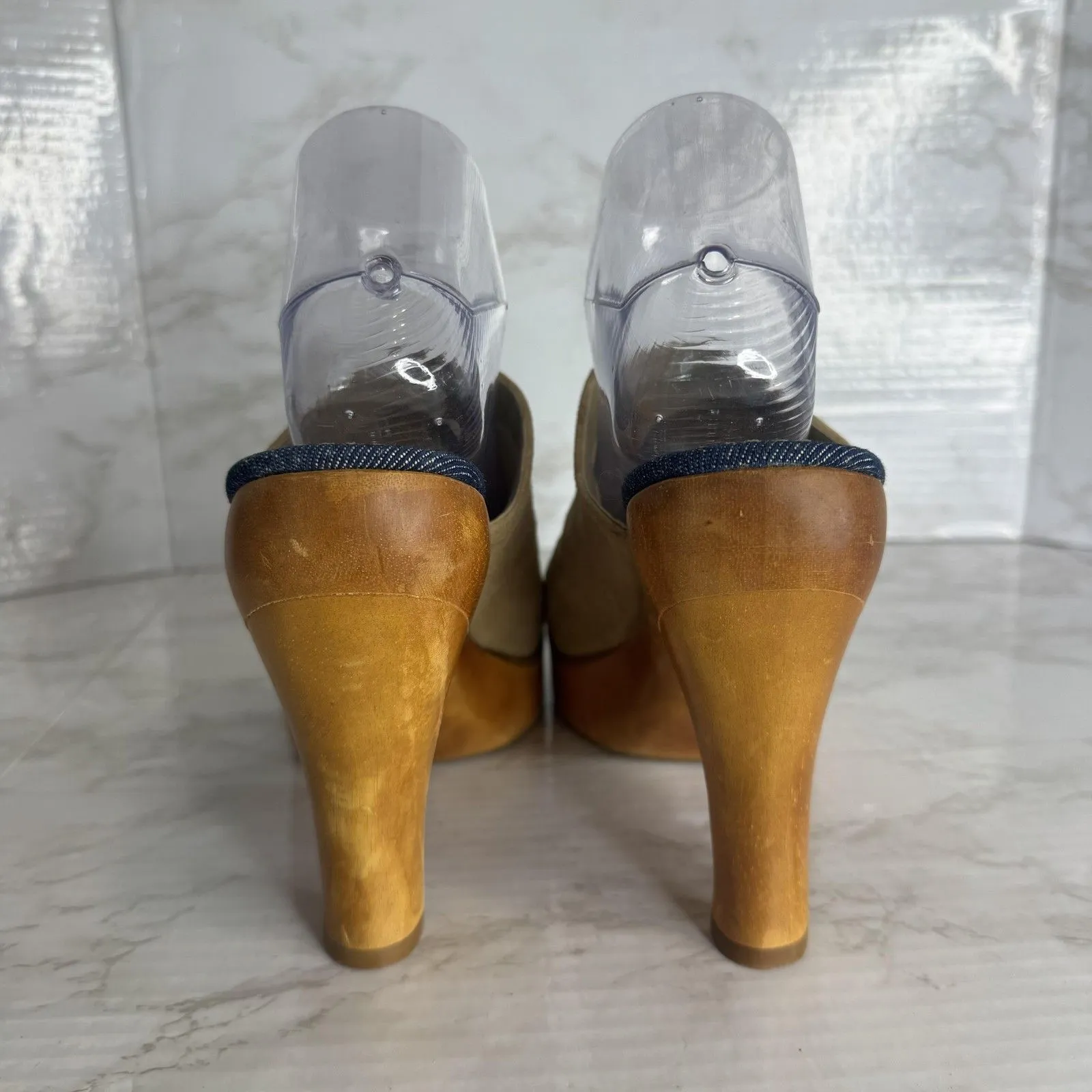 Tommy Hilfiger Shoes Womens Size 8M Tan Suede Clog Mule Platform Wooden Heel y2k - Image 7