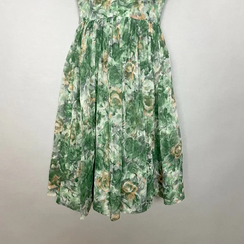 Vintage 1950s Dress Party Chiffon Short Sleeves Floral A - Image 4