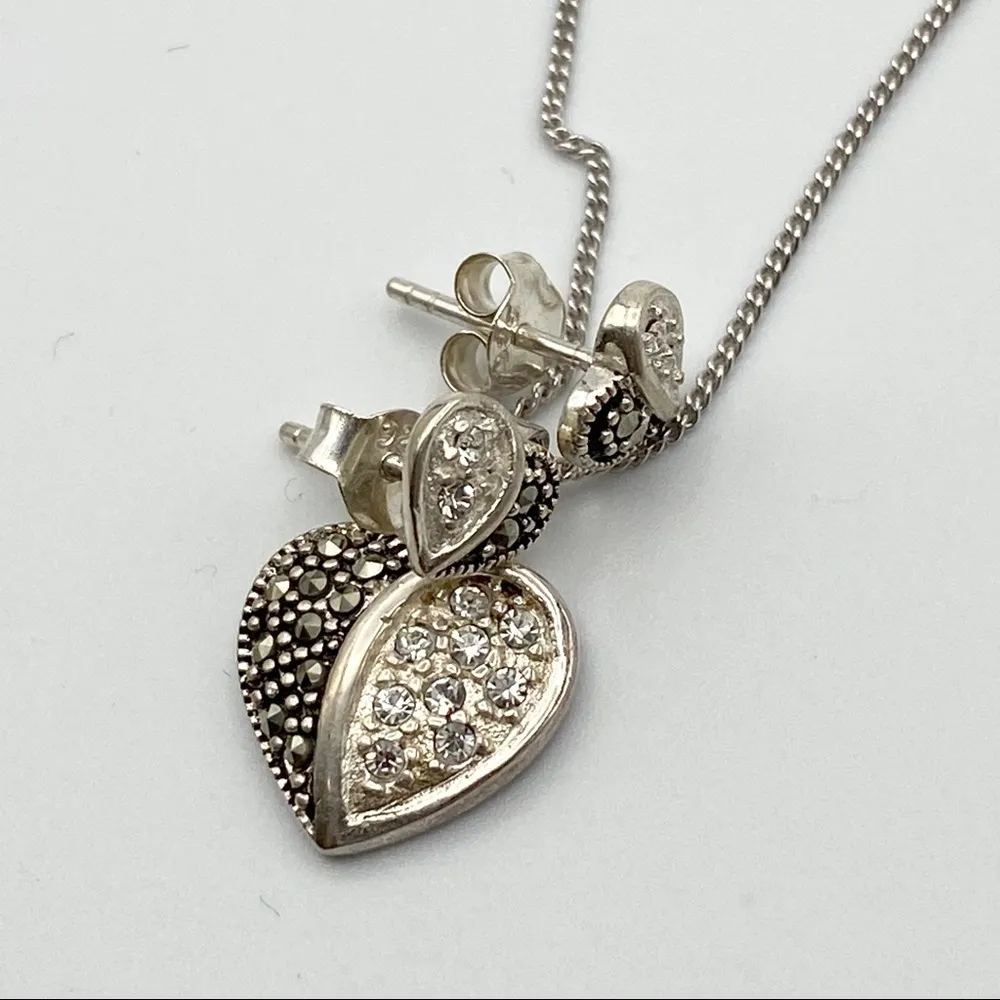 Sterling Marcasite Heart Necklace & Earrings - Image 7