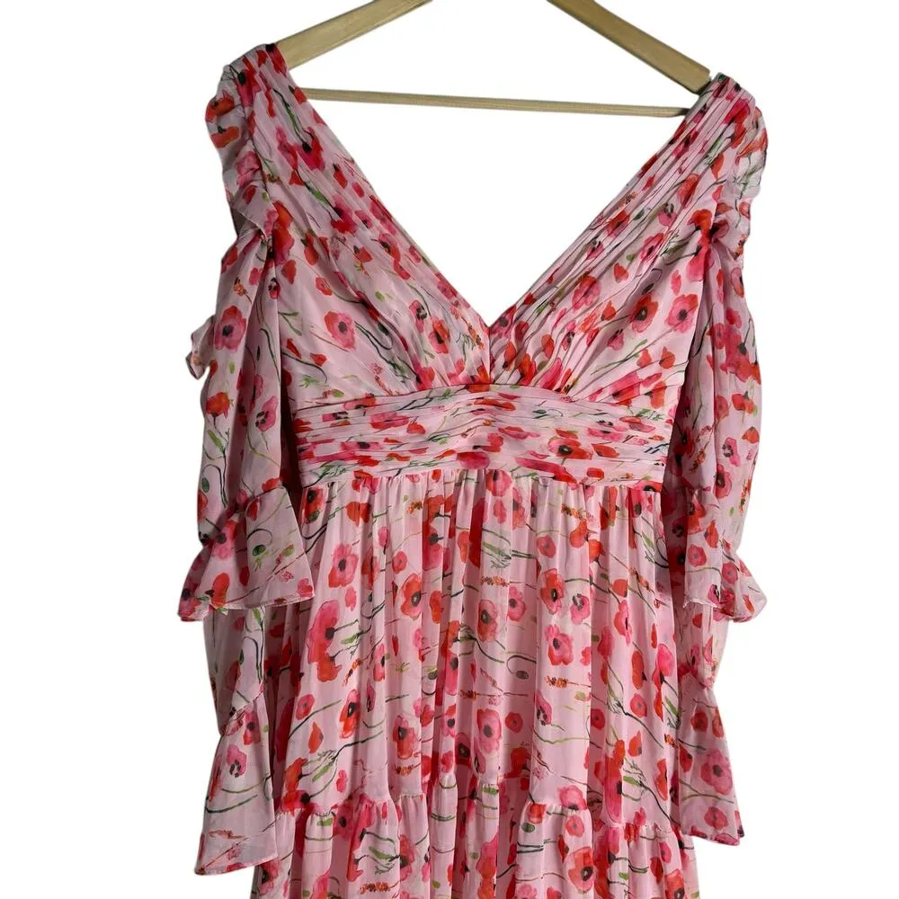 Ieena for Mac Duggal Pink Floral Chiffon Cold Shoulder Tiered Long Sleeve Gown 2 - Image 7