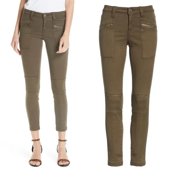 Joie • Hazina Studded Skinny Jeans pants ankle crop zipper Fatigue army green - Image 2