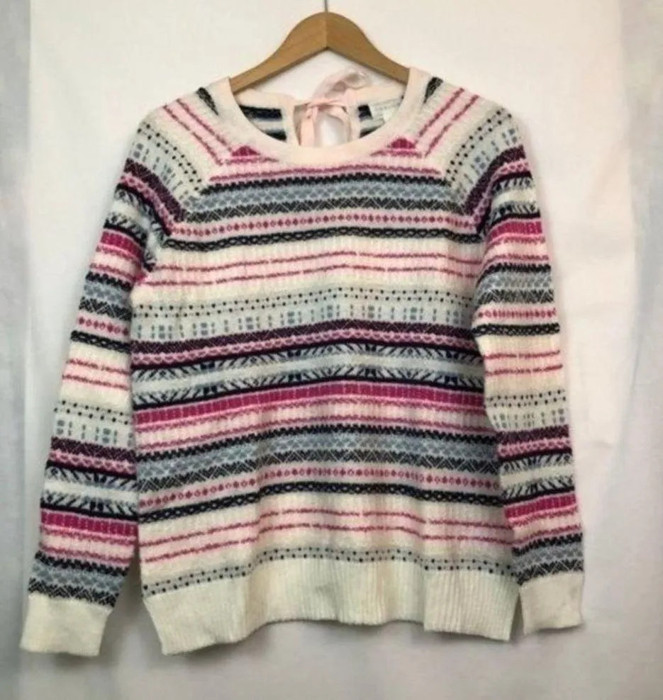 NEW NWT CASLON PETITE Tie Back Sweater Cream Ivory Pink Blue Fair Isle Nordic PS - Image 2