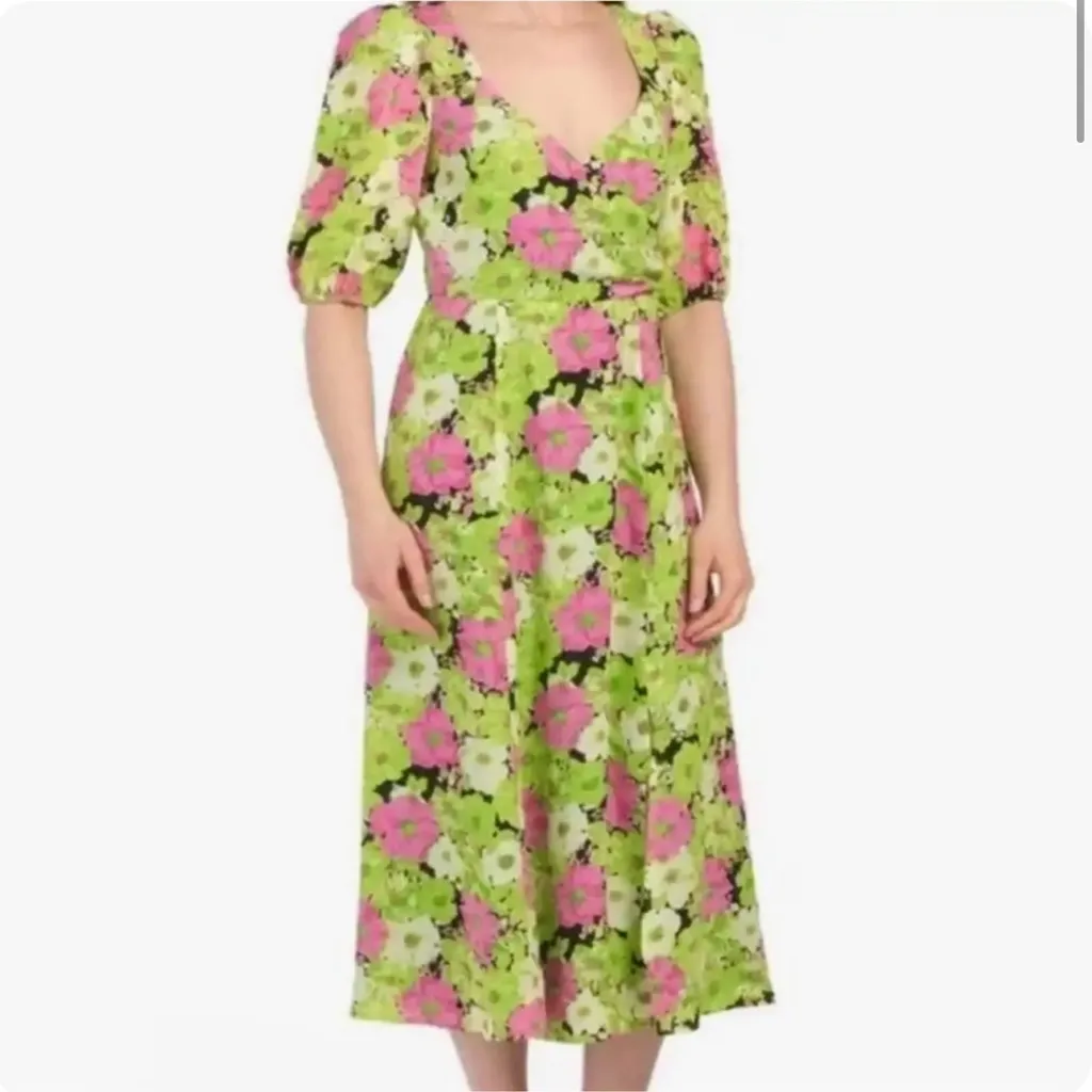 Wayf Vibrant Green and Pink Floral Midi Dress - Image 2