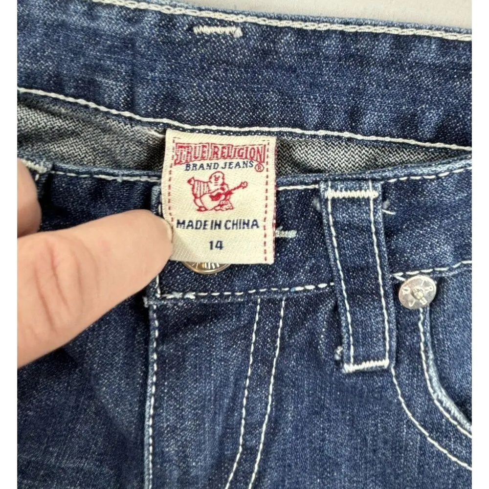 True Religion Straight Jeans Girls Size 14/28 Mid Rise Dark Wash Whiskering - Image 6