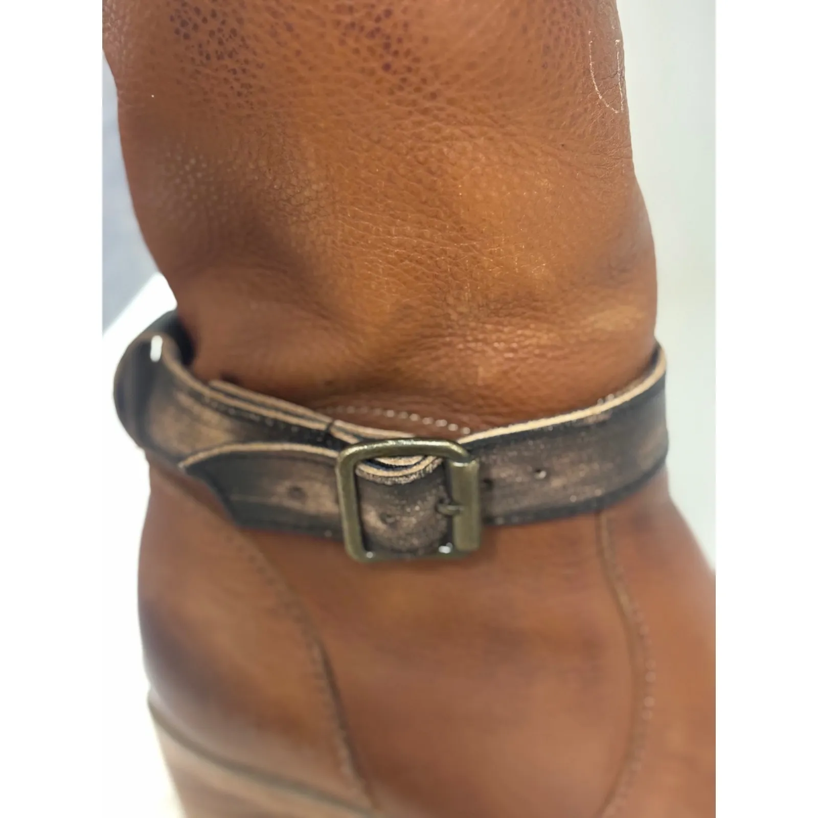 Freebird By Steven Holland Tan Leather Tall Boots Buckle Side Zip Block Heel - Image 8