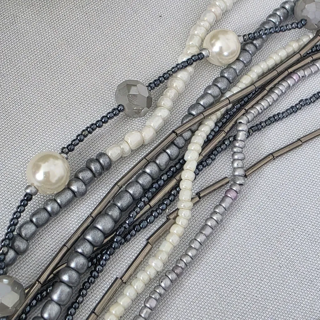 Silver Statement Long Multi Strand Necklace and Earrings Set - Image 7