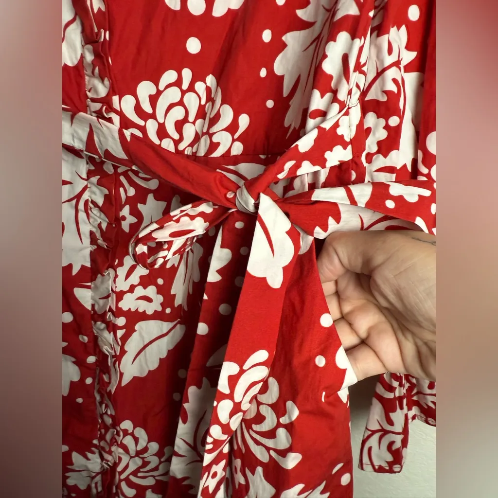 Shop the Mint Medium Long Ruffle Sleeves Red Medallion Print Button‎ Down Dress - Image 3