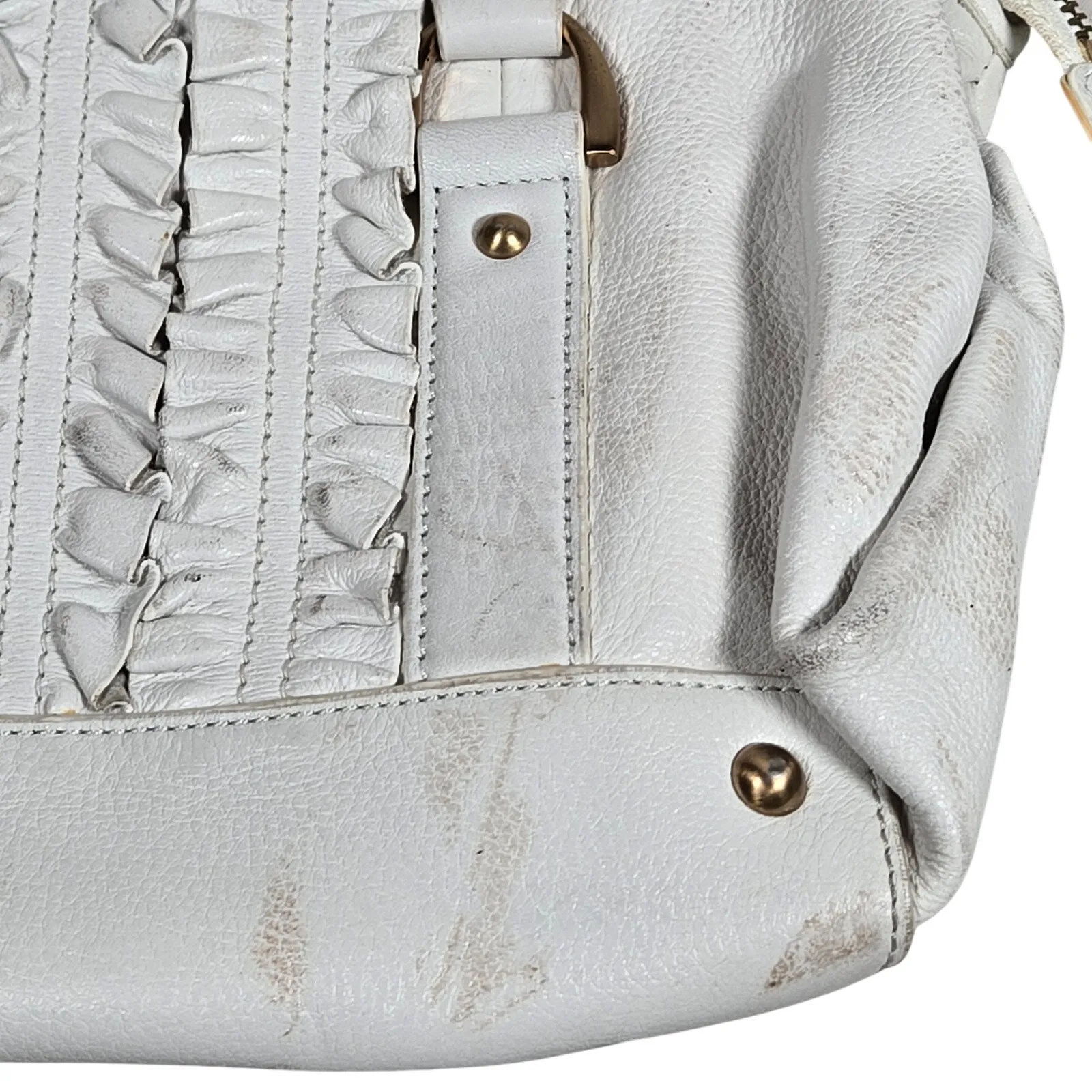 Tahari White Leather Ruffle Accent‎ Tote Bag Shoulder Bag Gold Hardware Dome - Image 8