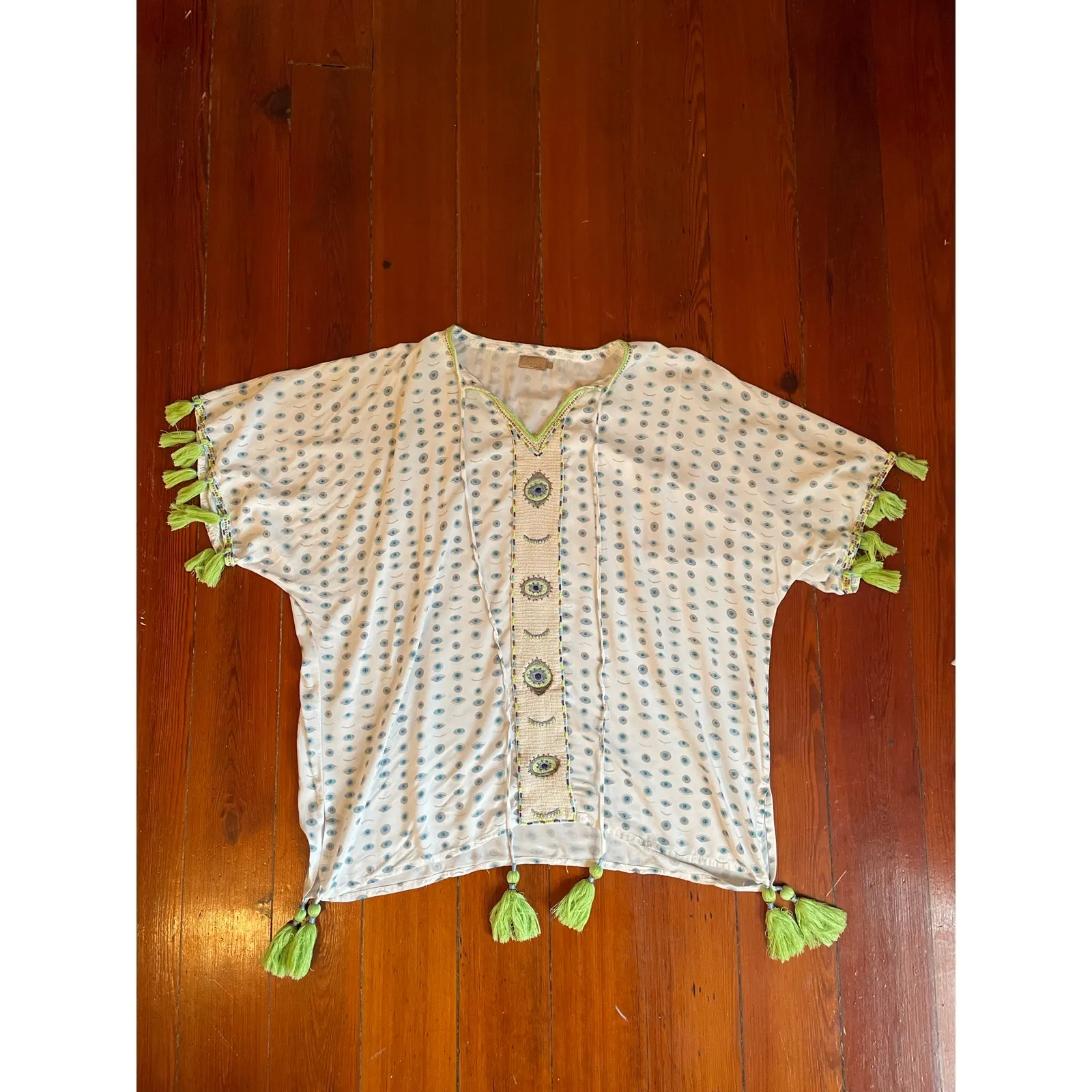 Skemo Beaded Kaftan Cover Up Dress Evil Eye Print Tassel Trim Size S White - Image 2