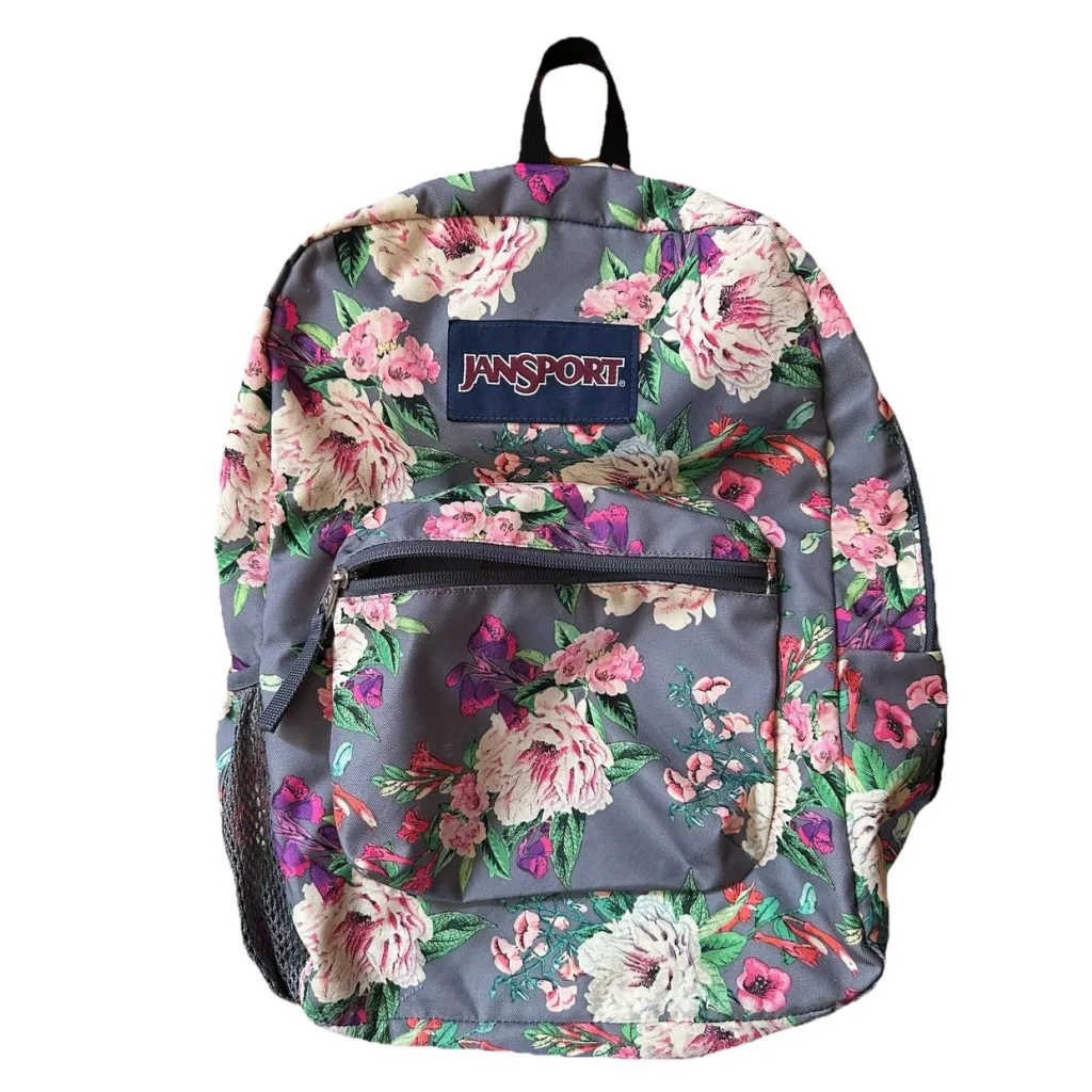 JanSport Cross Town School Backpack With Front Pocket Grey Bouquet Floral Print - Image 2